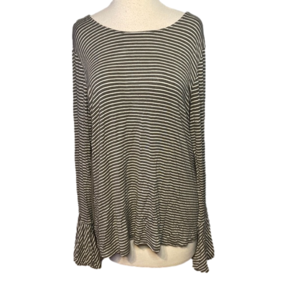 Wallpapher Long Sleeve Pullover Green White Stripes Bell Sleeves XL